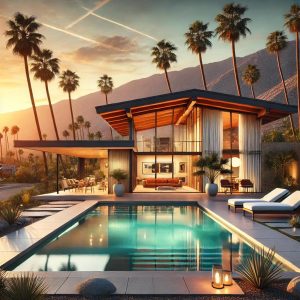 Modern Palm Springs home with a large pool, palm trees, and mountain views at sunset, showcasing sleek mid-century modern architecture and luxurious desert living